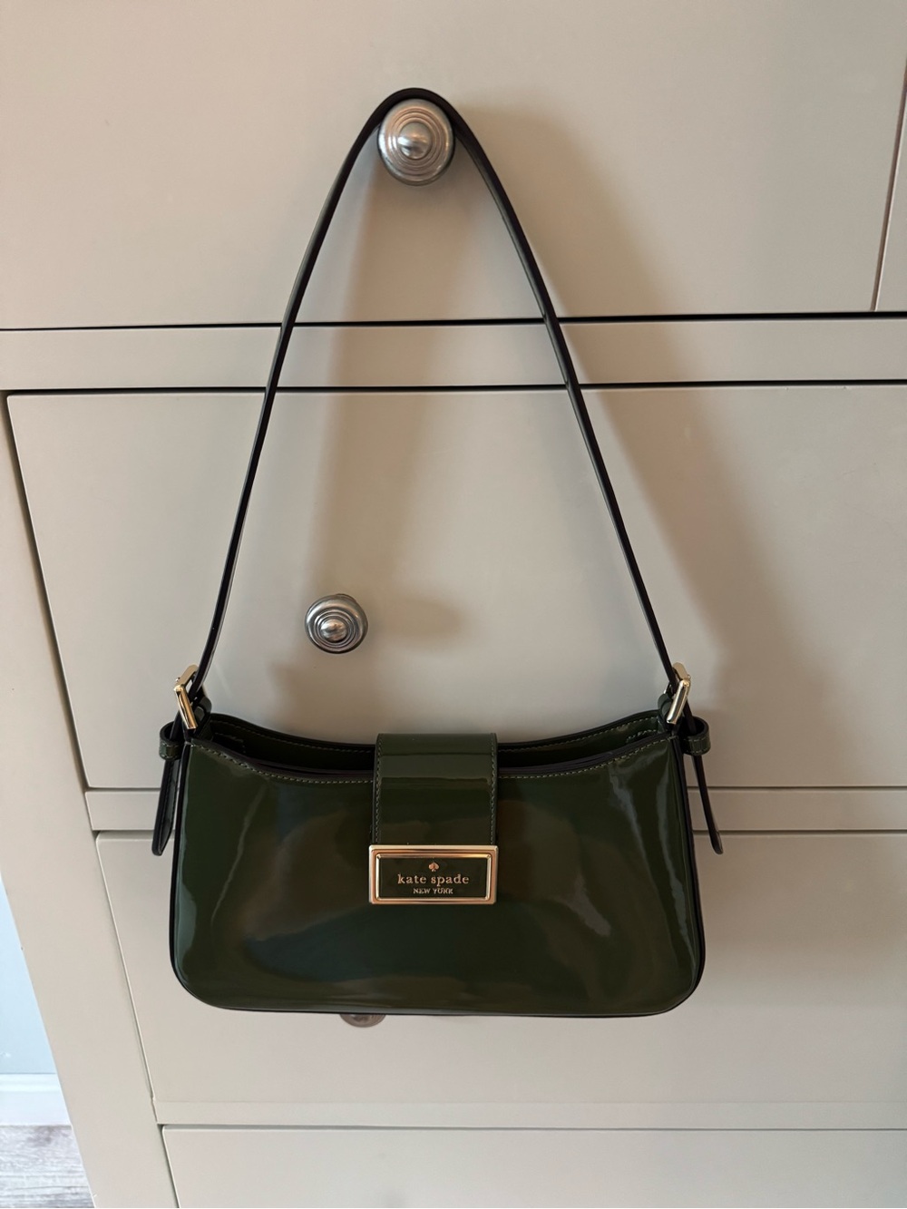 kate spade Olive Green Patent Shoulder Bag with Gold Plaque